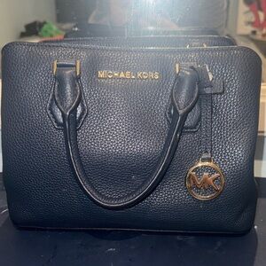 Michael Kors Navy Pebbled Leather Satchel with Gold Hardware